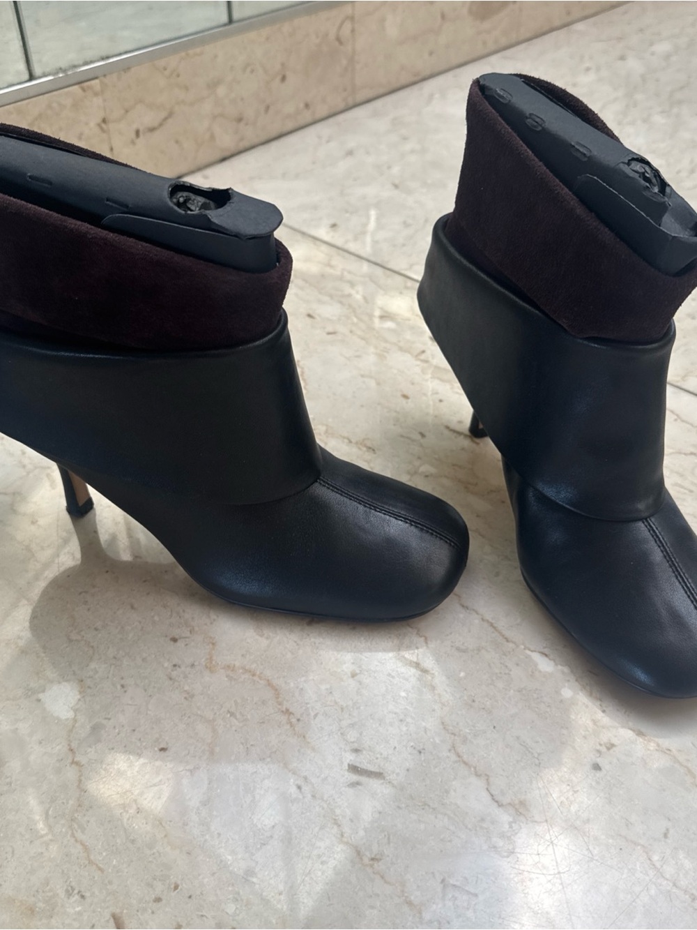 Zara Black Ankle Heeled Boots with Dark Brown Fold-Over Cuff